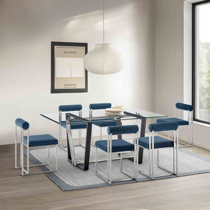 Kai Anastasia 7 Piece Rectangular Glass Dining Table Set with Brushed Stainless Steel and Blue Fabric