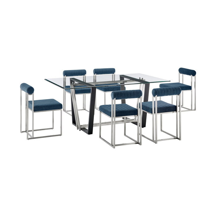 Kai Anastasia 7 Piece Rectangular Glass Dining Table Set with Brushed Stainless Steel and Blue Fabric