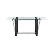 Kai Anastasia 7 Piece Rectangular Glass Dining Table Set with Brushed Stainless Steel and Blue Fabric - Furniture City (CA)l