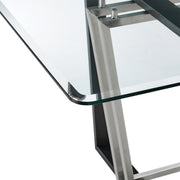 Kai Anastasia 7 Piece Rectangular Glass Dining Table Set with Brushed Stainless Steel and Blue Fabric - Furniture City (CA)l