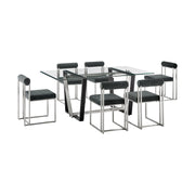 Kai Anastasia 7 Piece Rectangular Glass Dining Table Set with Brushed Stainless Steel and Charcoal Fabric - Furniture City (CA)l