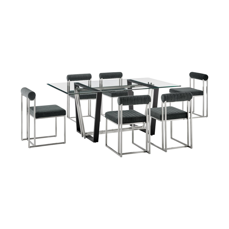 Kai Anastasia 7 Piece Rectangular Glass Dining Table Set with Brushed Stainless Steel and Charcoal Fabric - Furniture City (CA)l