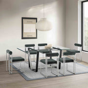 Kai Anastasia 7 Piece Rectangular Glass Dining Table Set with Brushed Stainless Steel and Charcoal Fabric - Furniture City (CA)l