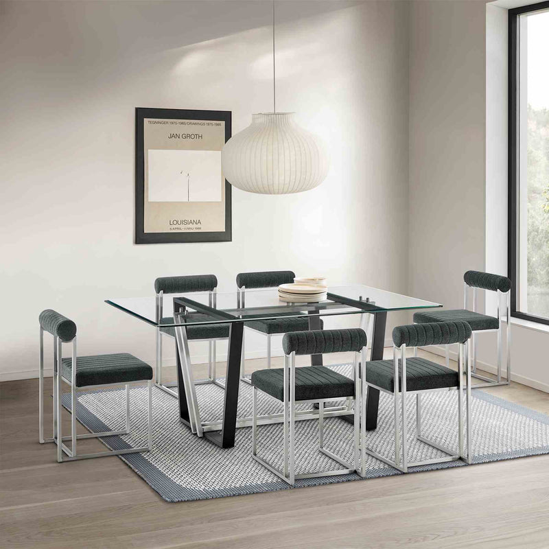 Kai Anastasia 7 Piece Rectangular Glass Dining Table Set with Brushed Stainless Steel and Charcoal Fabric - Furniture City (CA)l