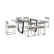 Kai Anastasia 7 Piece Rectangular Glass Dining Table Set with Brushed Stainless Steel and Light Gray Fabric - Furniture City (CA)l