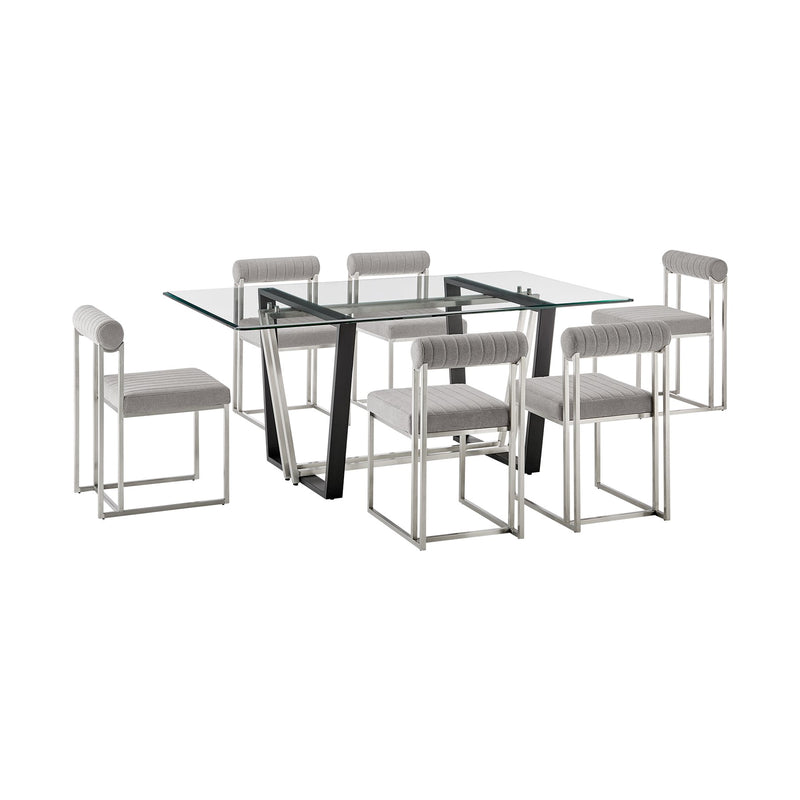 Kai Anastasia 7 Piece Rectangular Glass Dining Table Set with Brushed Stainless Steel and Light Gray Fabric - Furniture City (CA)l