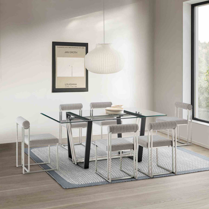Kai Anastasia 7 Piece Rectangular Glass Dining Table Set with Brushed Stainless Steel and Light Gray Fabric