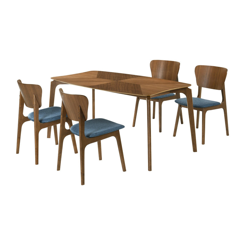 Kalia 5 Piece Wood Dining Set in Walnut Finish with Blue Fabric - Furniture City (CA)l