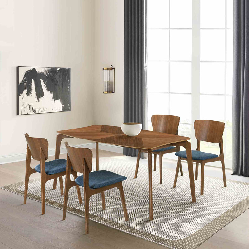 Kalia 5 Piece Wood Dining Set in Walnut Finish with Blue Fabric - Furniture City (CA)l