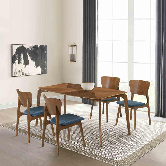 Kalia 5 Piece Wood Dining Set in Walnut Finish with Blue Fabric