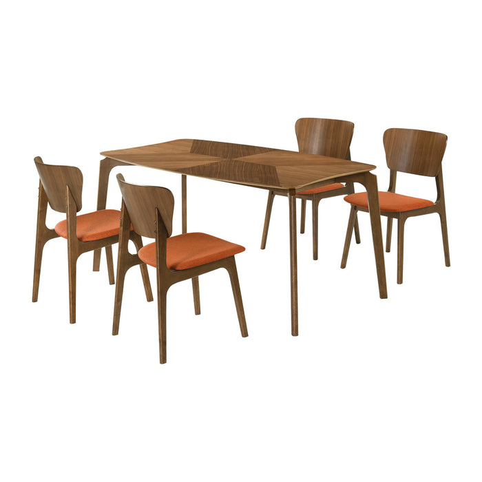 Kalia 5 Piece Wood Dining Set in Walnut Finish with Orange Fabric