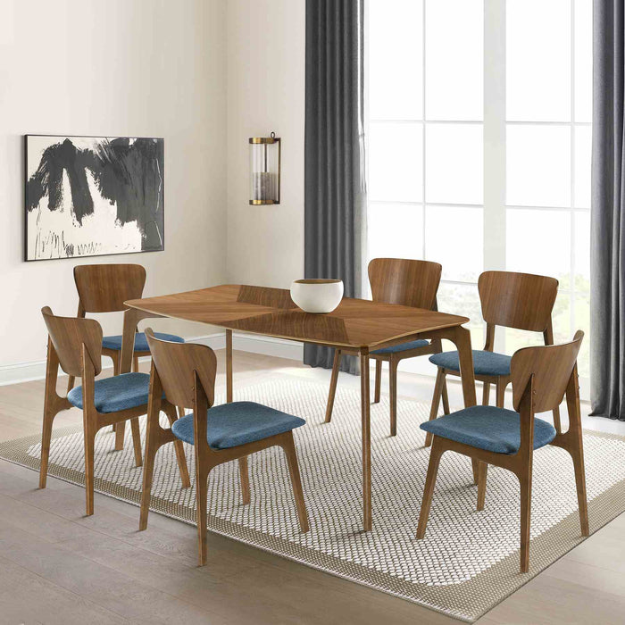Kalia 7 Piece Wood Dining Set in Walnut Finish with Blue Fabric