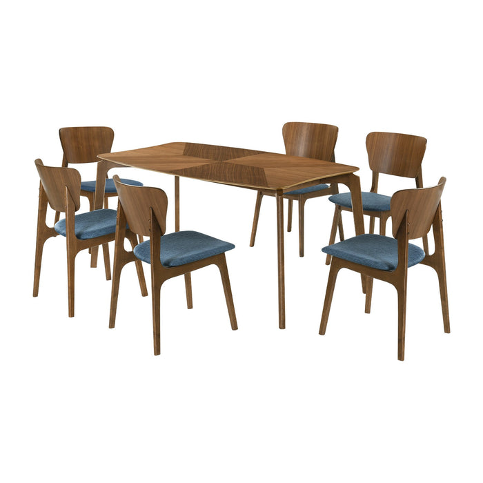 Kalia 7 Piece Wood Dining Set in Walnut Finish with Blue Fabric