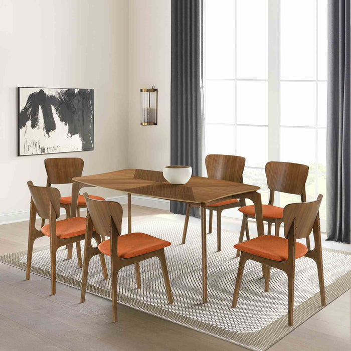 Kalia 7 Piece Wood Dining Set in Walnut Finish with Orange Fabric