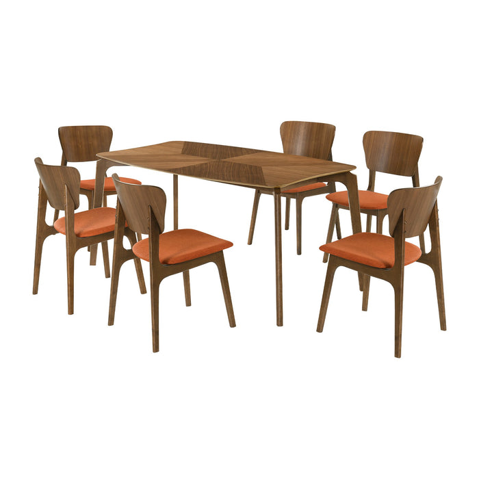 Kalia 7 Piece Wood Dining Set in Walnut Finish with Orange Fabric