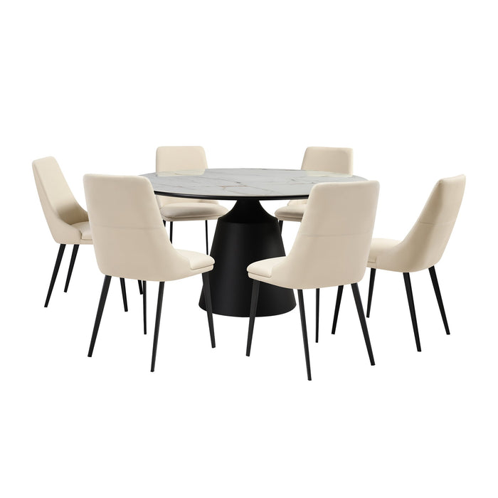 Knox Genesis 7 Piece Dining Set with Sintered Stone Top and Beige Faux Leather Chairs