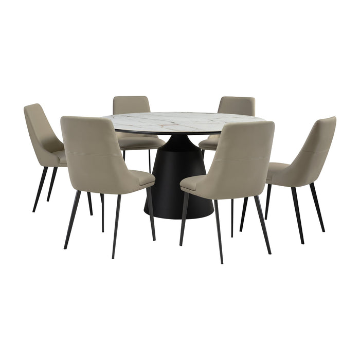 Knox Genesis 7 Piece Dining Set with Sintered Stone Top and Taupe Gray Faux Leather Chairs