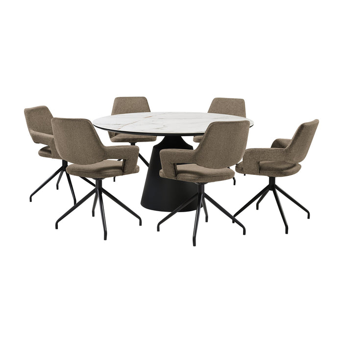 Knox Penny 7 Piece Dining Set with Sintered Stone Top and Brown Fabric Chairs