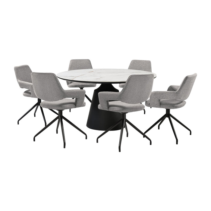 Knox Penny 7 Piece Dining Set with Sintered Stone Top and Gray Fabric Chairs