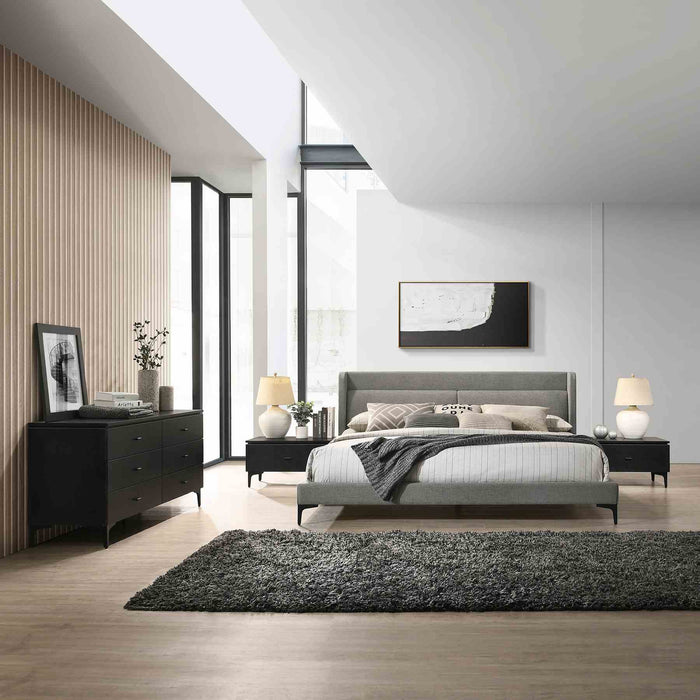 Legend 4 Piece Gray Fabric King Platform Bedroom Set with Dresser and Nightstands