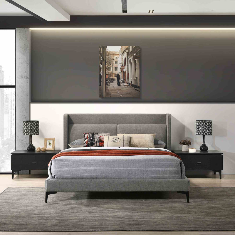Legend 3 Piece Gray Fabric Queen Platform Bed and Nightstands Bedroom Set - Furniture City (CA)l