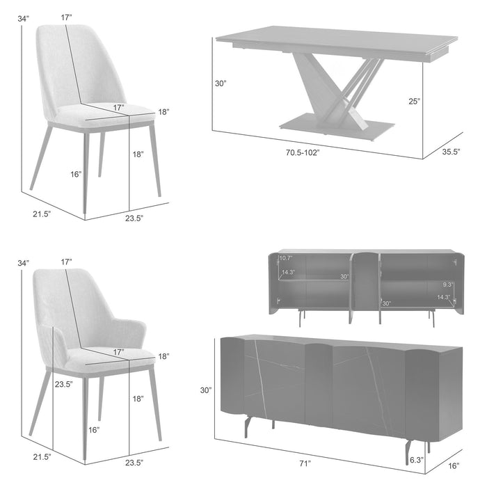 Moore Modern 8-Piece Dining Set with Sintered Stone Table Top and 4-Door Sideboard