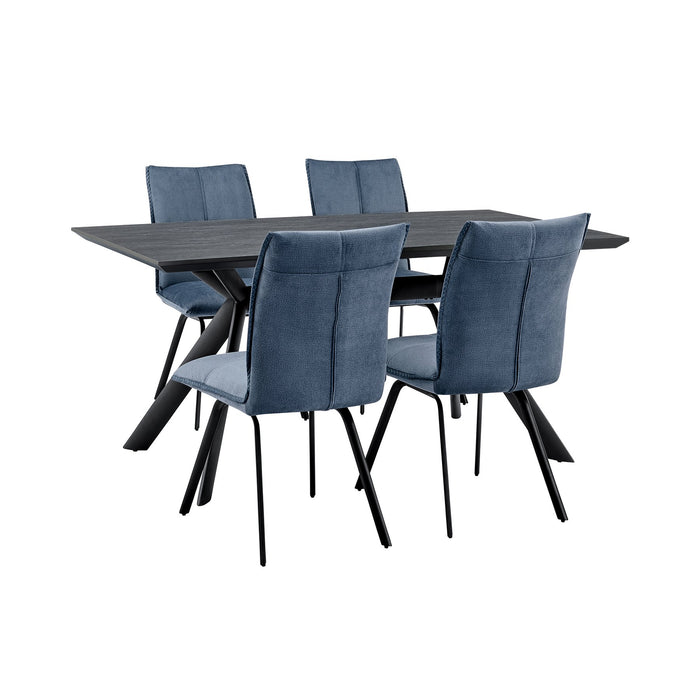 Margot and Rylee 5 Piece Modern Rectangular Dining Set in Black Melamine Wood and Blue Fabric