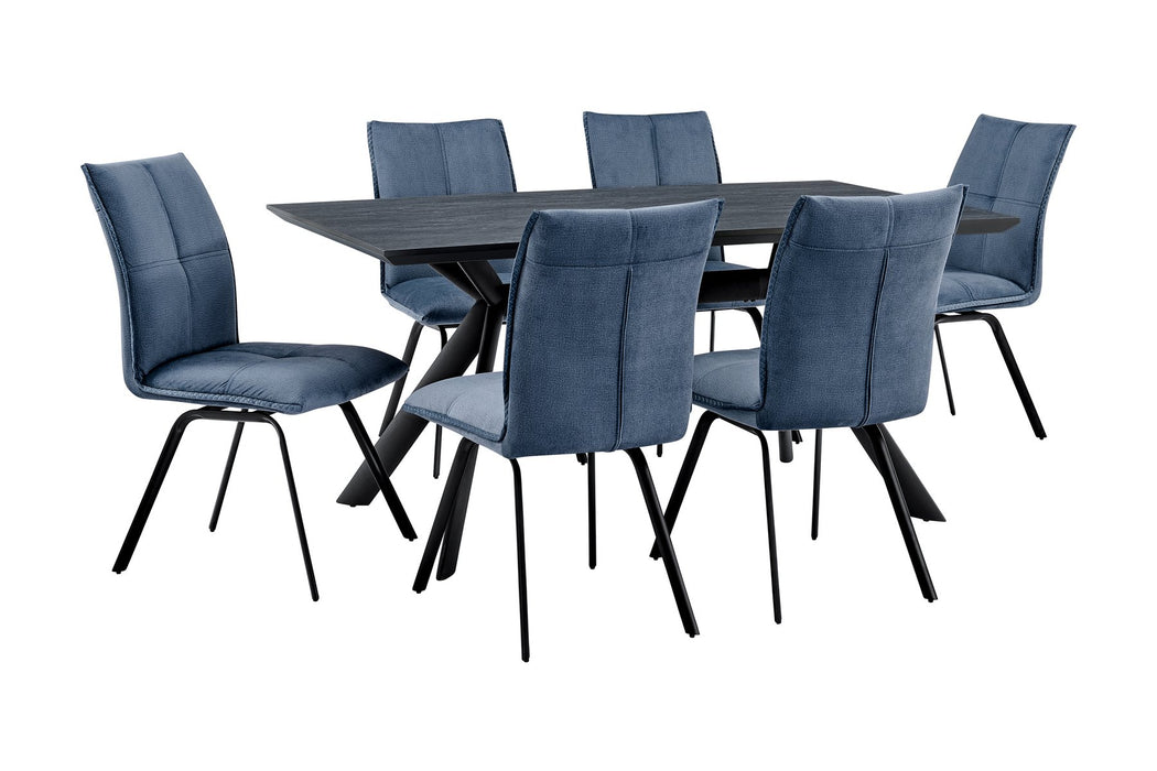 Margot and Rylee 7 Piece Modern Rectangular Dining Set in Black Melamine Wood and Blue Fabric