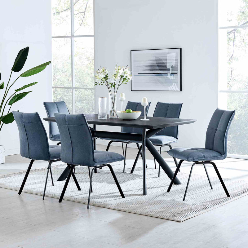 Margot and Rylee 7 Piece Modern Rectangular Dining Set in Black Melamine Wood and Blue Fabric - Furniture City (CA)l