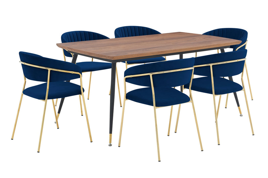 Messina and Nara Blue Velvet 7 Piece Rectangular Dining Set