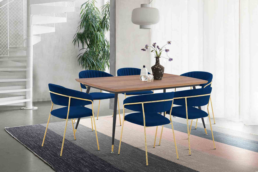 Messina and Nara Blue Velvet 7 Piece Rectangular Dining Set