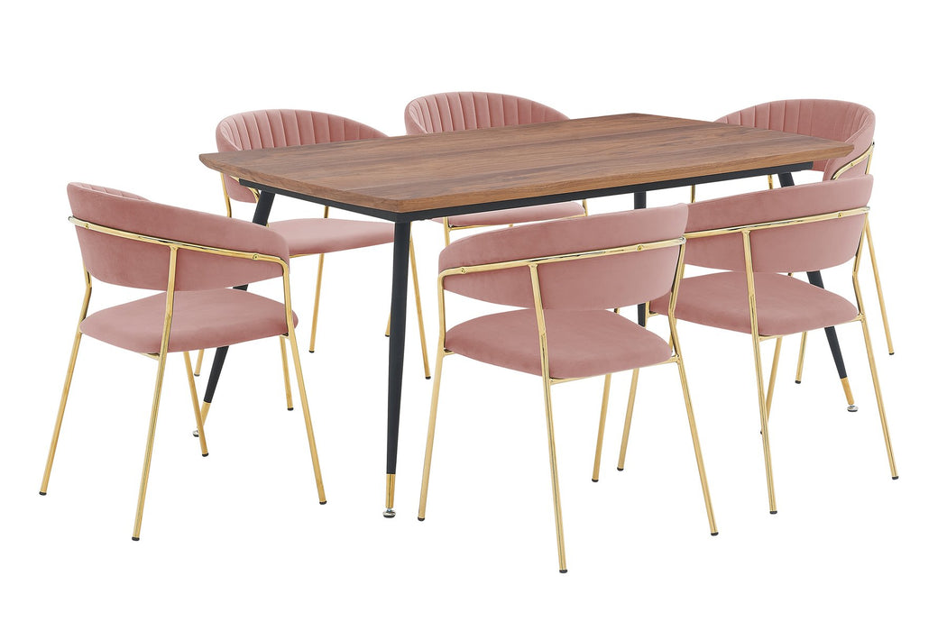 Messina and Nara Pink Velvet 7 Piece Rectangular Dining Set