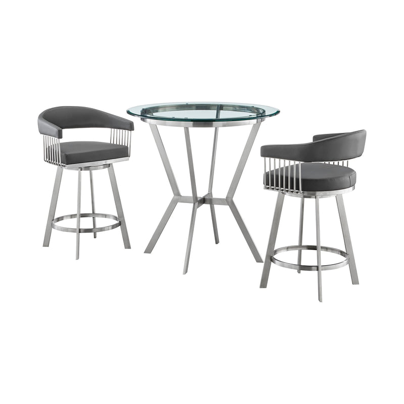 Naomi and Chelsea 3-Piece Counter Height Dining Set in Brushed Stainless Steel and Gray Faux Leather - Furniture City (CA)l