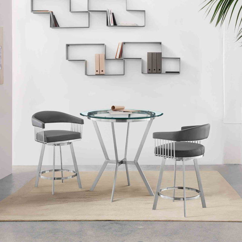 Naomi and Chelsea 3-Piece Counter Height Dining Set in Brushed Stainless Steel and Gray Faux Leather - Furniture City (CA)l