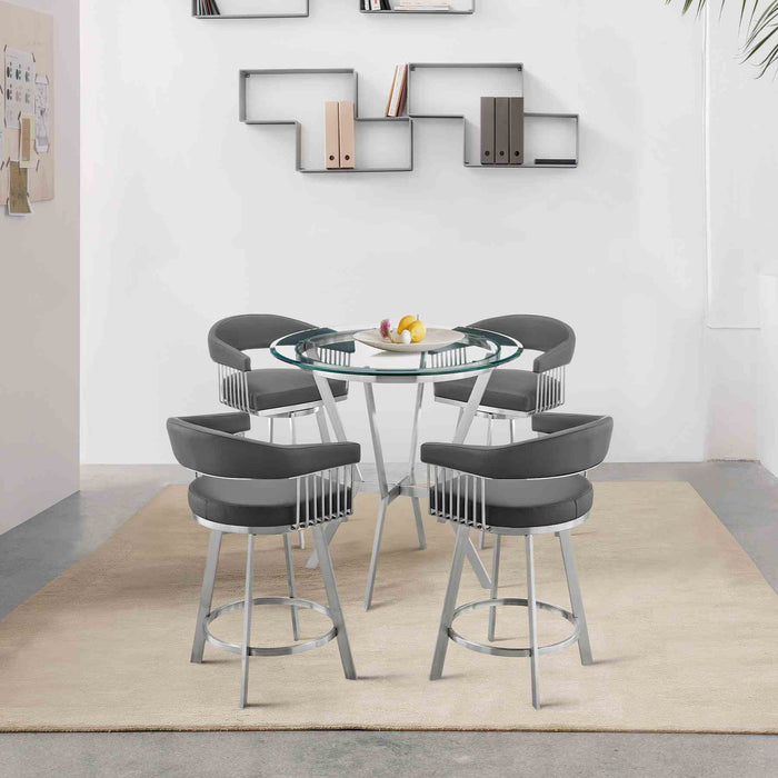 Naomi and Chelsea 5-Piece Counter Height Dining Set in Brushed Stainless Steel and Gray Faux Leather