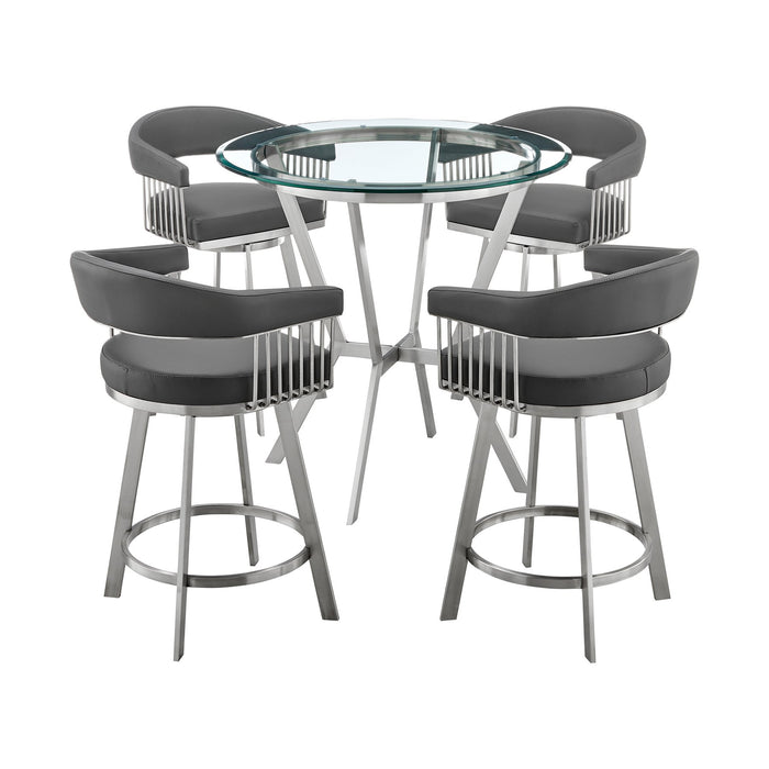 Naomi and Chelsea 5-Piece Counter Height Dining Set in Brushed Stainless Steel and Gray Faux Leather