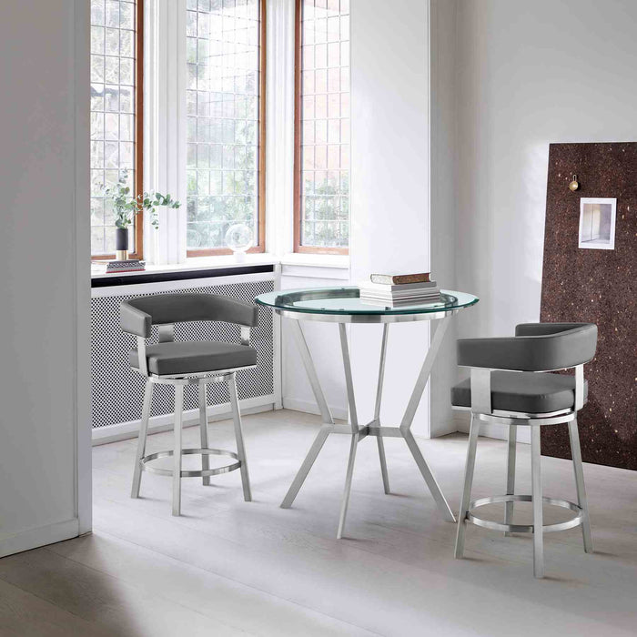 Naomi and Lorin 3-Piece Counter Height Dining Set in Brushed Stainless Steel and Gray Faux Leather