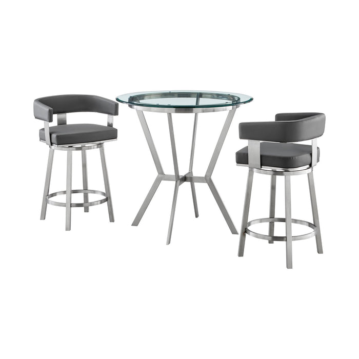 Naomi and Lorin 3-Piece Counter Height Dining Set in Brushed Stainless Steel and Gray Faux Leather