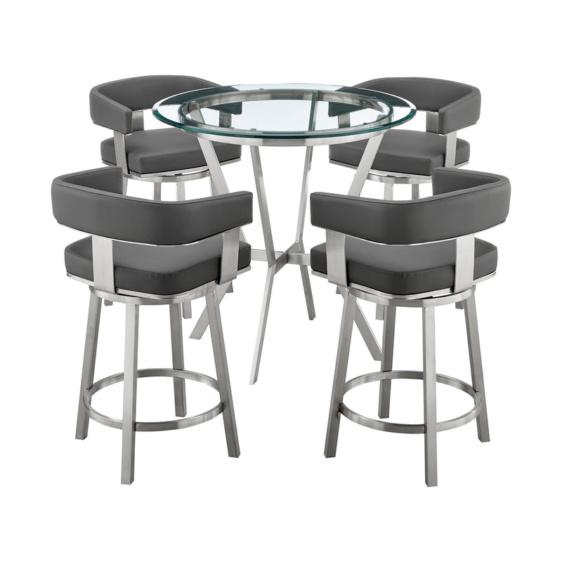 Naomi and Lorin 5-Piece Counter Height Dining Set in Brushed Stainless Steel and Gray Faux Leather - Furniture City (CA)l