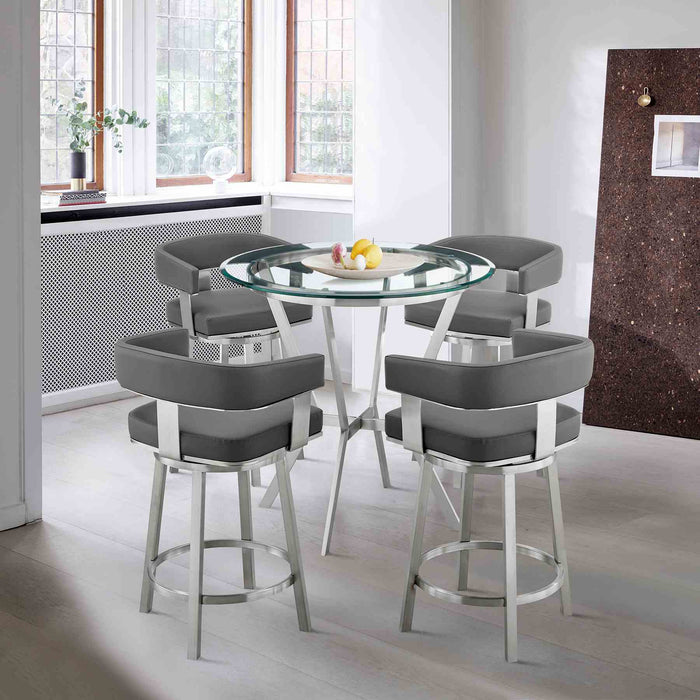 Naomi and Lorin 5-Piece Counter Height Dining Set in Brushed Stainless Steel and Gray Faux Leather
