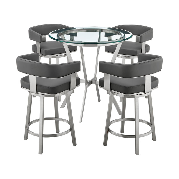 Naomi and Lorin 5-Piece Counter Height Dining Set in Brushed Stainless Steel and Gray Faux Leather