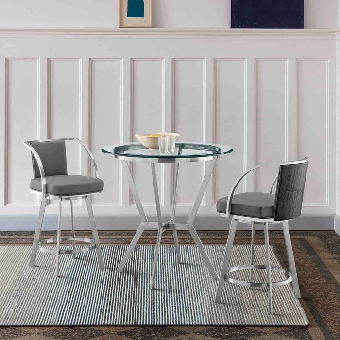 Naomi and Livingston 3-Piece Counter Height Dining Set in Brushed Stainless Steel and Gray Faux Leather