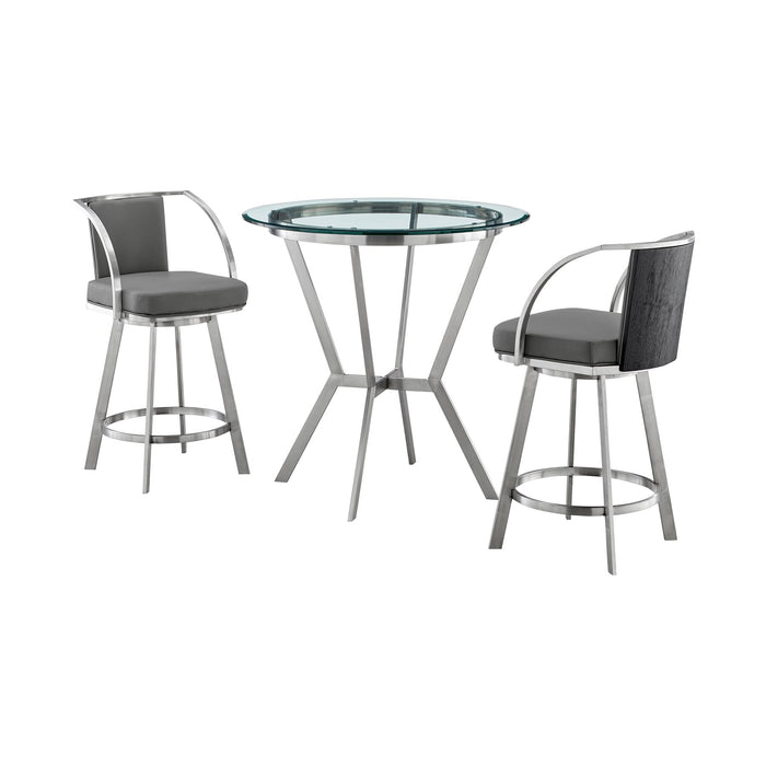 Naomi and Livingston 3-Piece Counter Height Dining Set in Brushed Stainless Steel and Gray Faux Leather