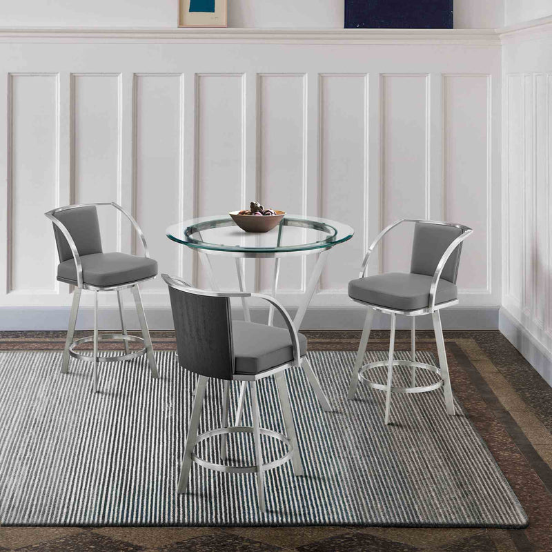 Naomi and Livingston 4-Piece Counter Height Dining Set in Brushed Stainless Steel and Gray Faux Leather - Furniture City (CA)l