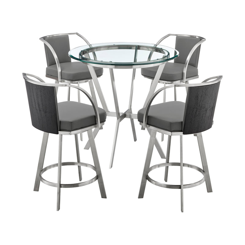 Naomi and Livingston 5-Piece Counter Height Dining Set in Brushed Stainless Steel and Gray Faux Leather - Furniture City (CA)l