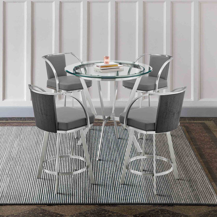 Naomi and Livingston 5-Piece Counter Height Dining Set in Brushed Stainless Steel and Gray Faux Leather