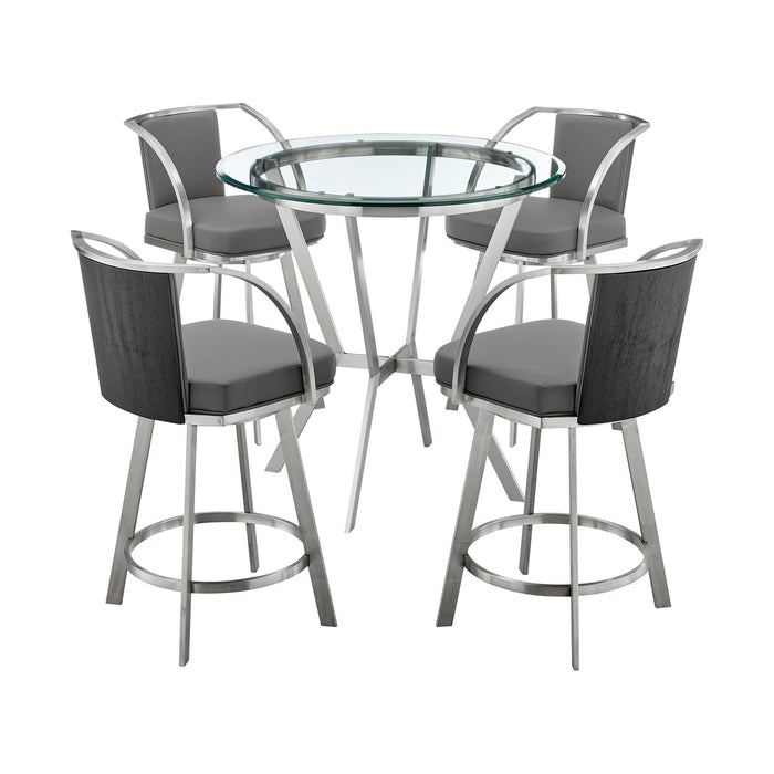 Naomi and Livingston 5-Piece Counter Height Dining Set in Brushed Stainless Steel and Gray Faux Leather