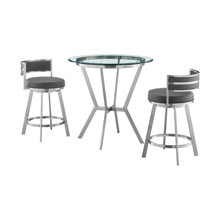 Naomi and Roman 3-Piece Counter Height Dining Set in Brushed Stainless Steel and Gray Faux Leather