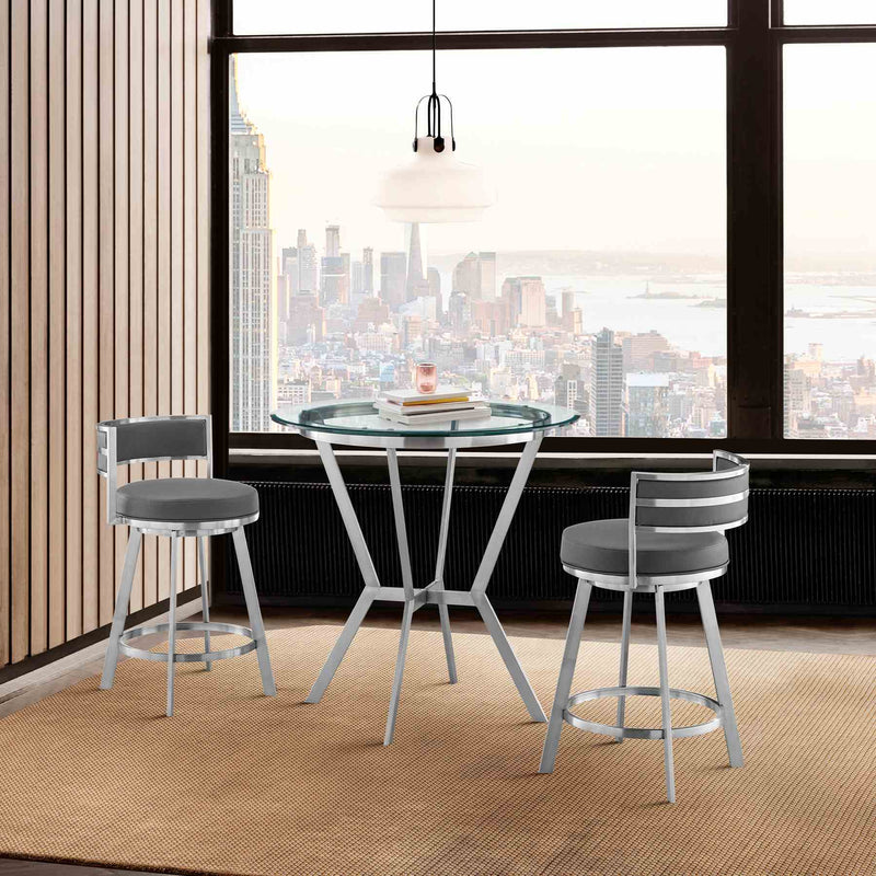 Naomi and Roman 3-Piece Counter Height Dining Set in Brushed Stainless Steel and Gray Faux Leather - Furniture City (CA)l