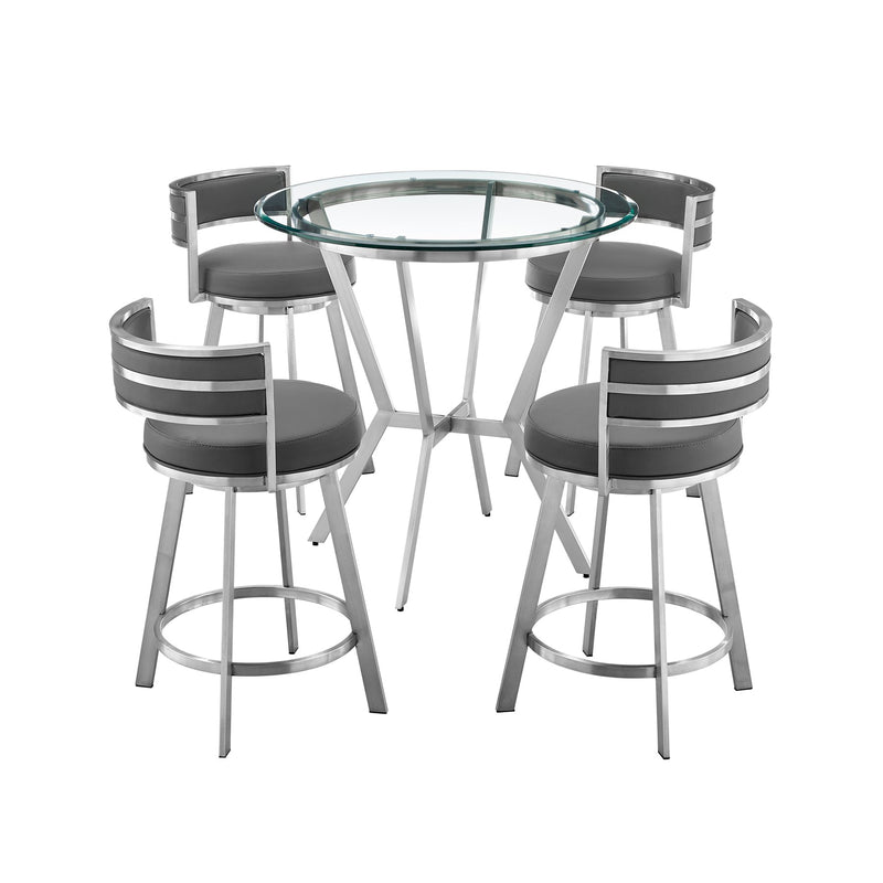 Naomi and Roman 5-Piece Counter Height Dining Set in Brushed Stainless Steel and Gray Faux Leather - Furniture City (CA)l